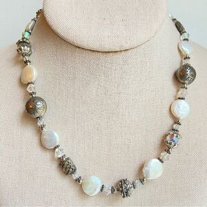 Coin pearl necklace with AB crystals and antiqued silvertone metal beads 18 inch